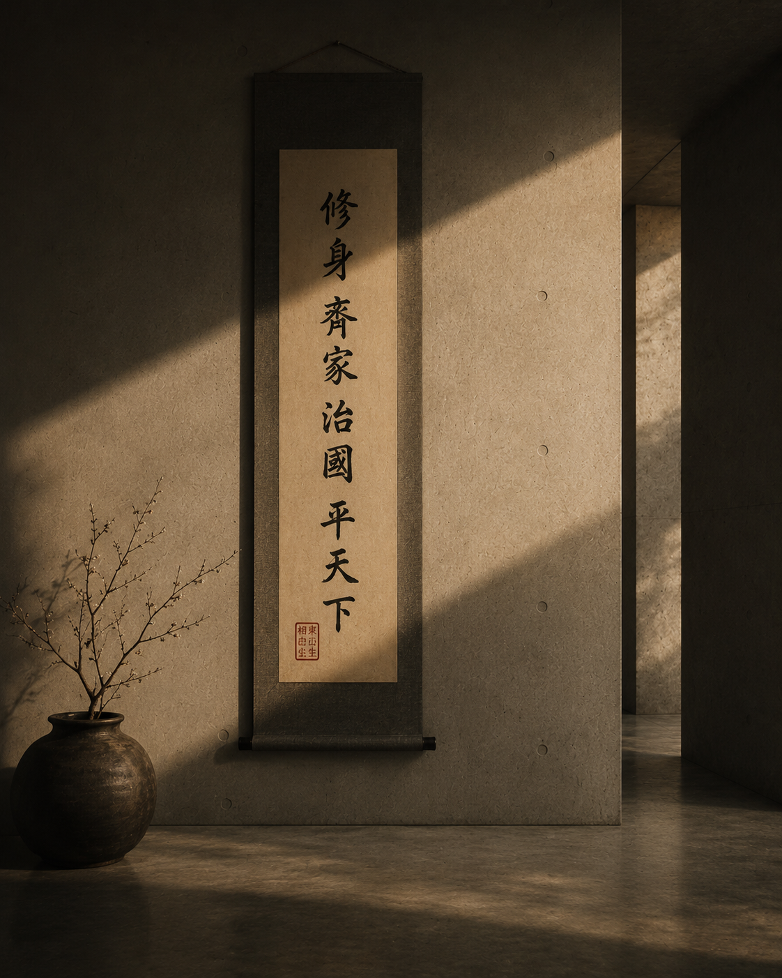 Calligraphy scroll on a stone wall — HEI Studio