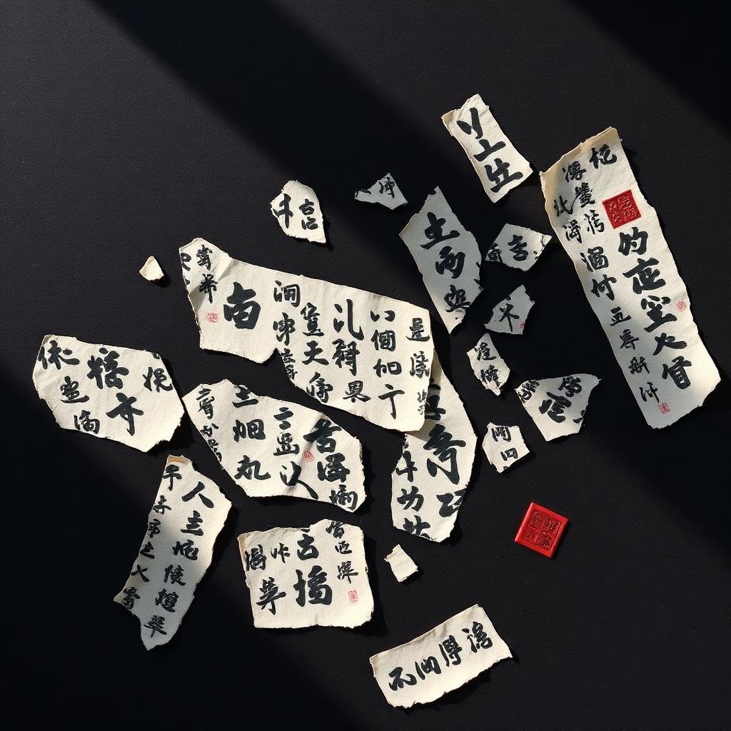 Torn calligraphy fragments